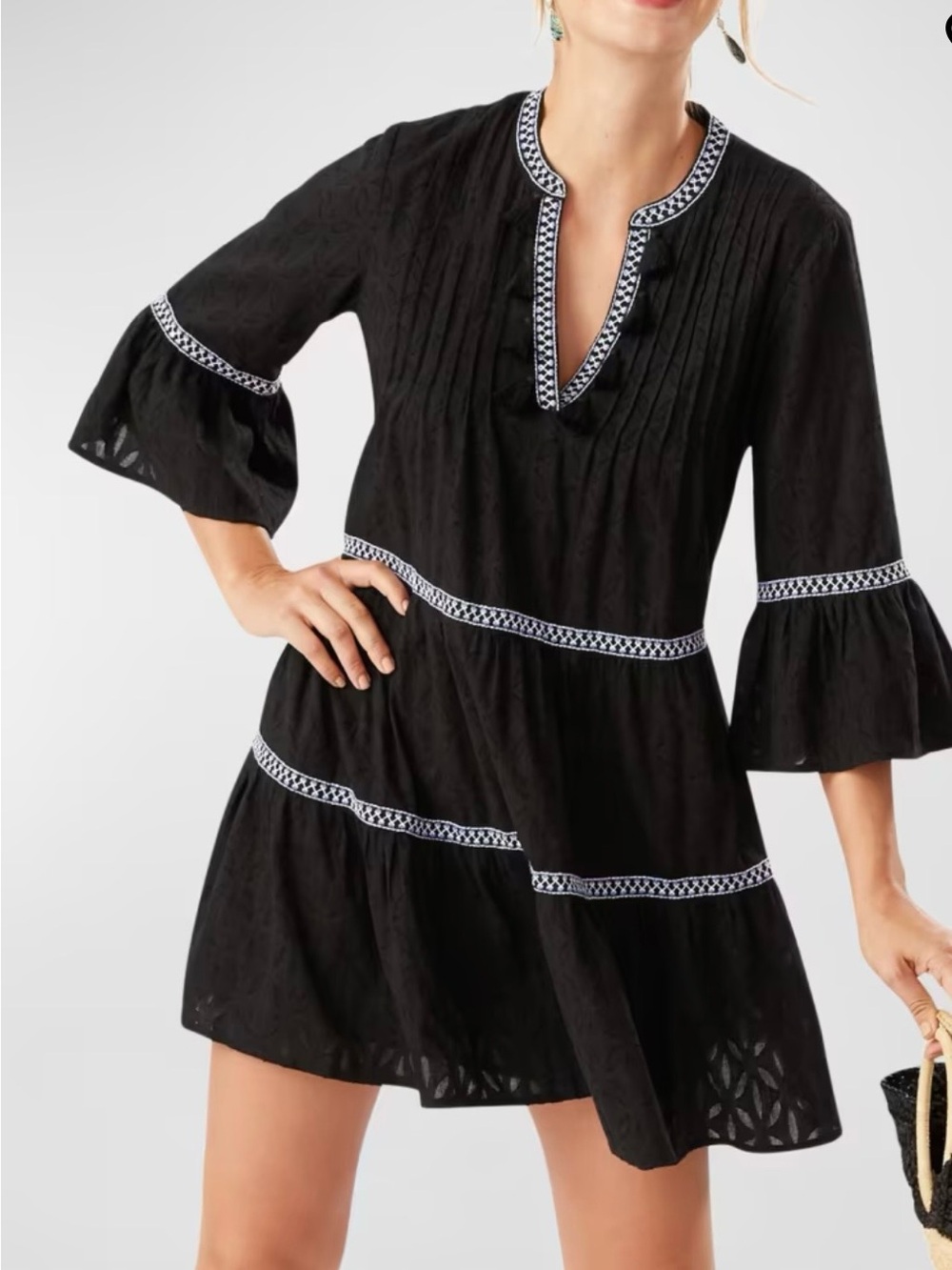 TOMMY BAHAMA Black Embroidered Tassel V-Neck Cotton Tiered Tunic Dress S Resort